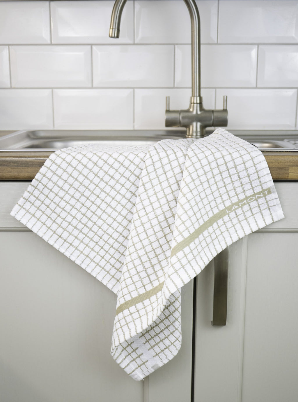 Poli-Dri Classic tea towel in Beige, 100% cotton terry check with woven border