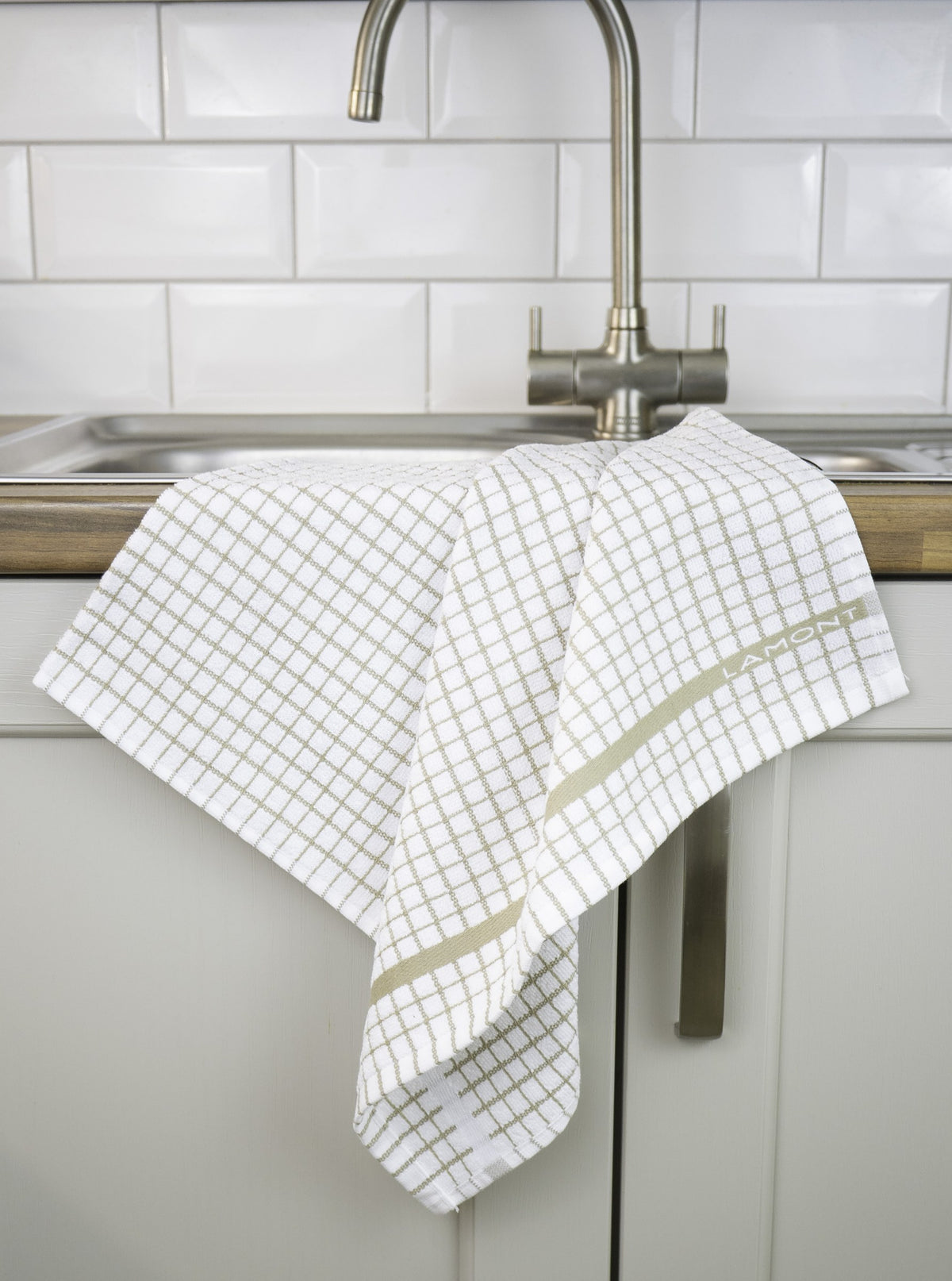 Poli-Dri Classic tea towel in Beige, 100% cotton terry check with woven border