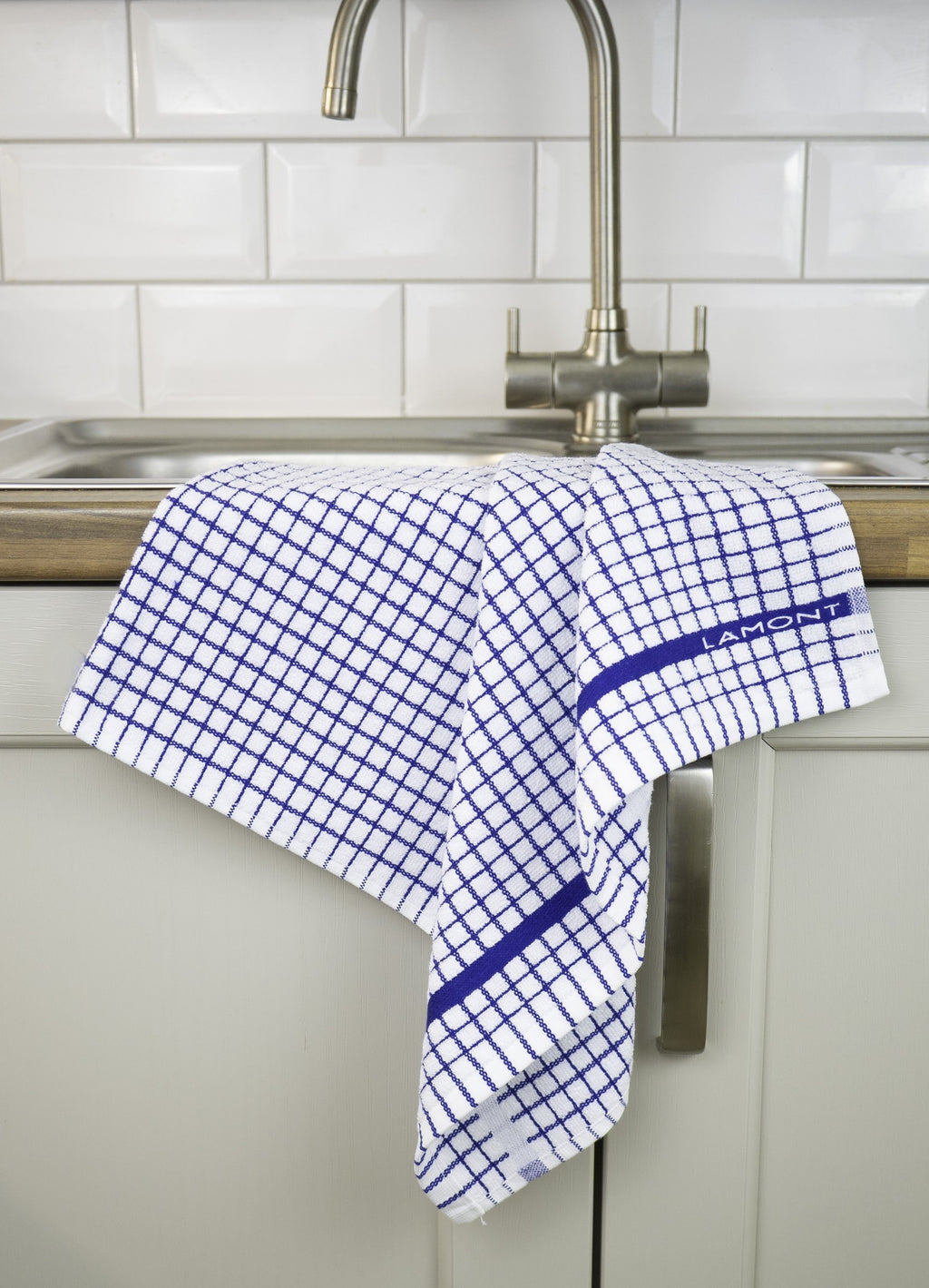 Poli-Dri Classic tea towel in Blue, 100% cotton terry check with woven border