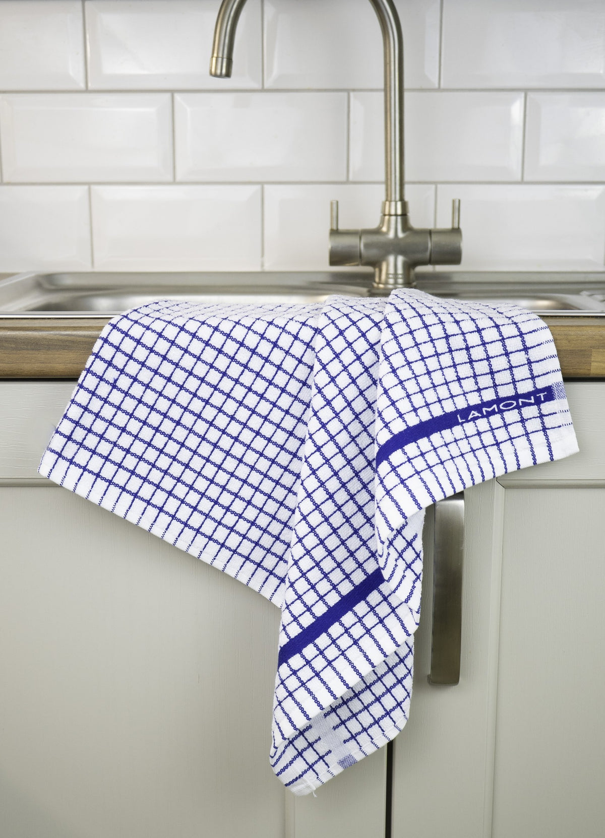 Poli-Dri Classic tea towel in Blue, 100% cotton terry check with woven border