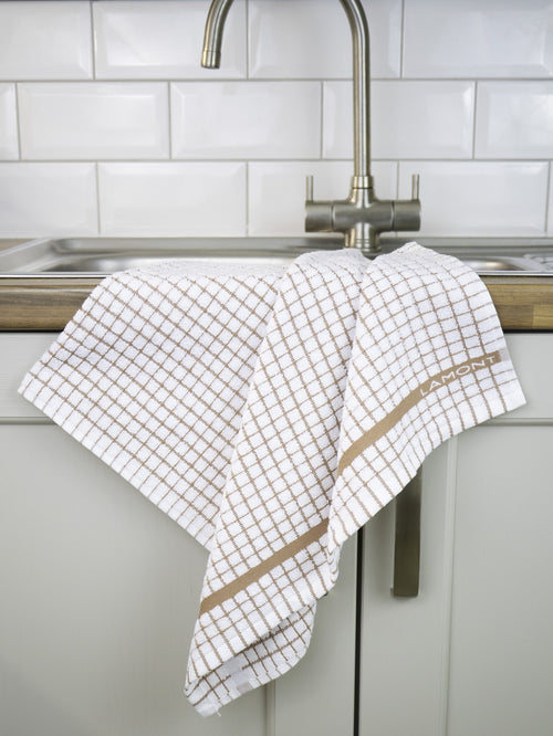 Poli-Dri Classic tea towel in Brown, 100% cotton terry check with woven border