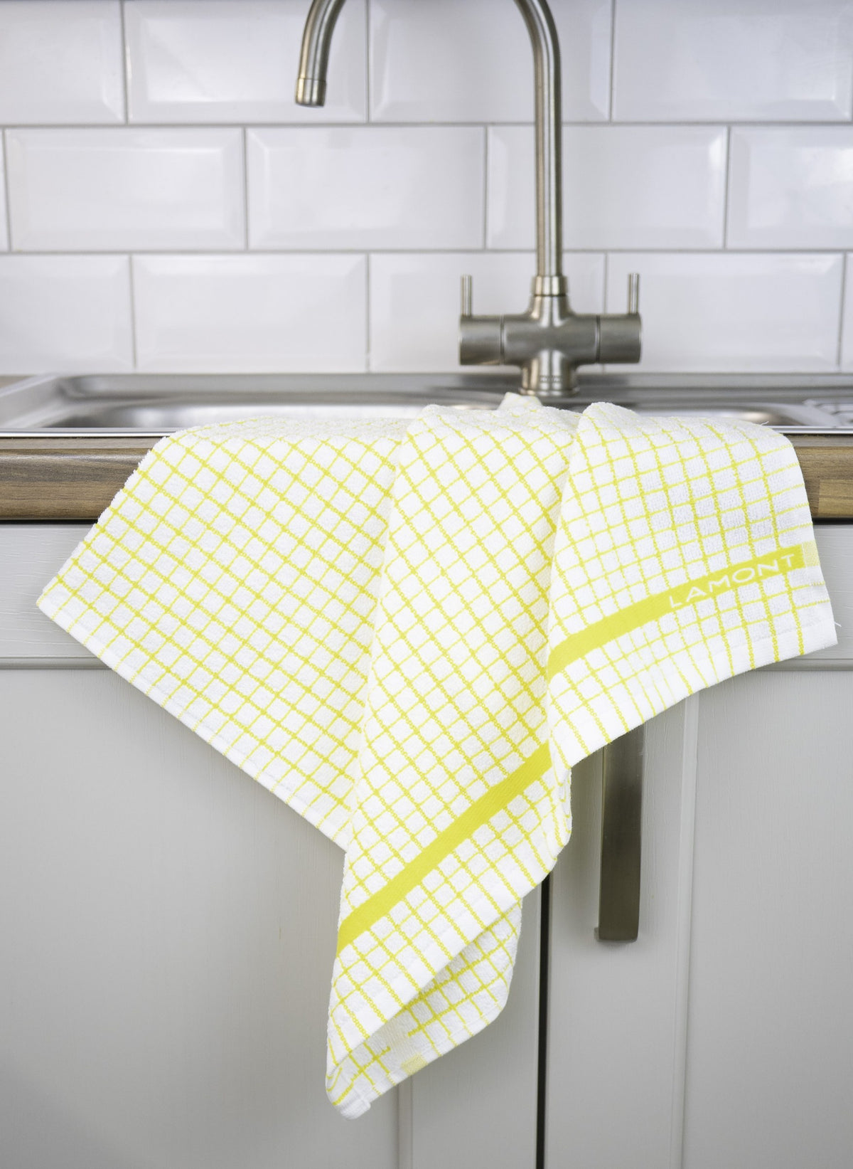 Poli-Dri Classic tea towel in Gold, 100% cotton terry check with woven border