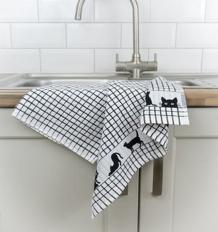 Poli-Dri Black Cats jacquard tea towel with woven black cats border