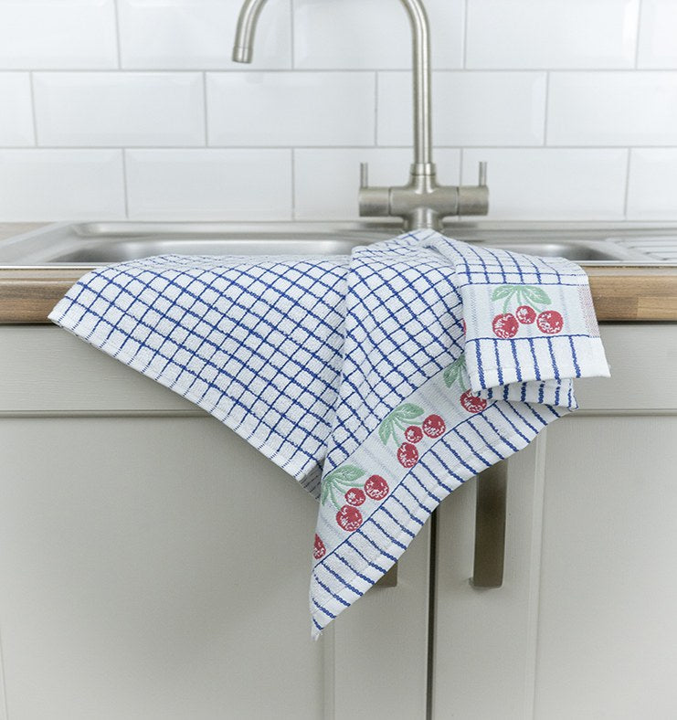 Poli-Dri Cherries jacquard tea towel with woven cherries border