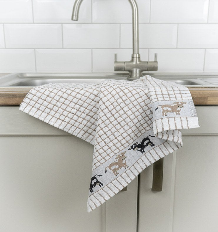 Poli-Dri Cows jacquard tea towel with woven cows border
