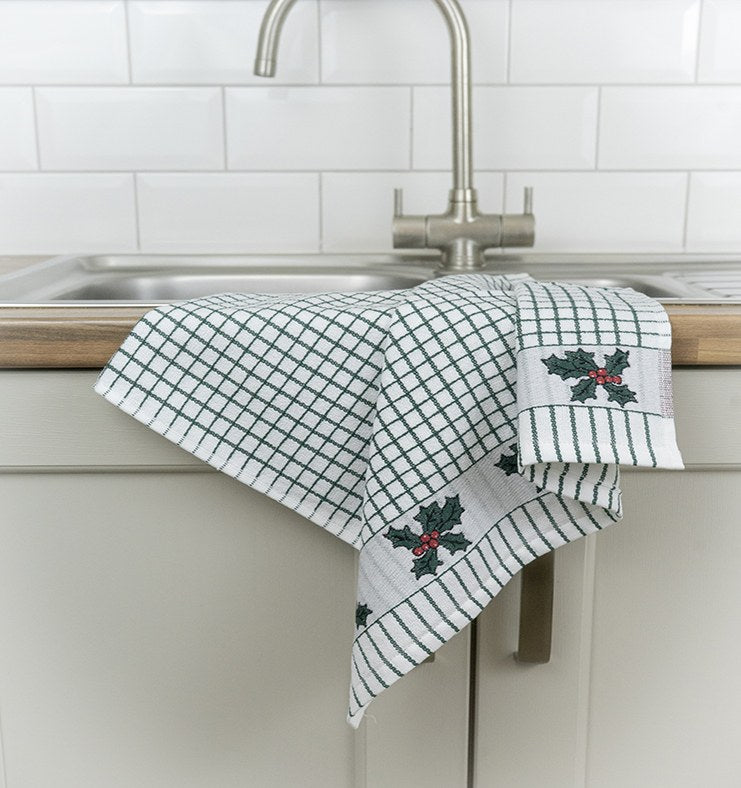 Poli-Dri Holly jacquard tea towel with woven holly border