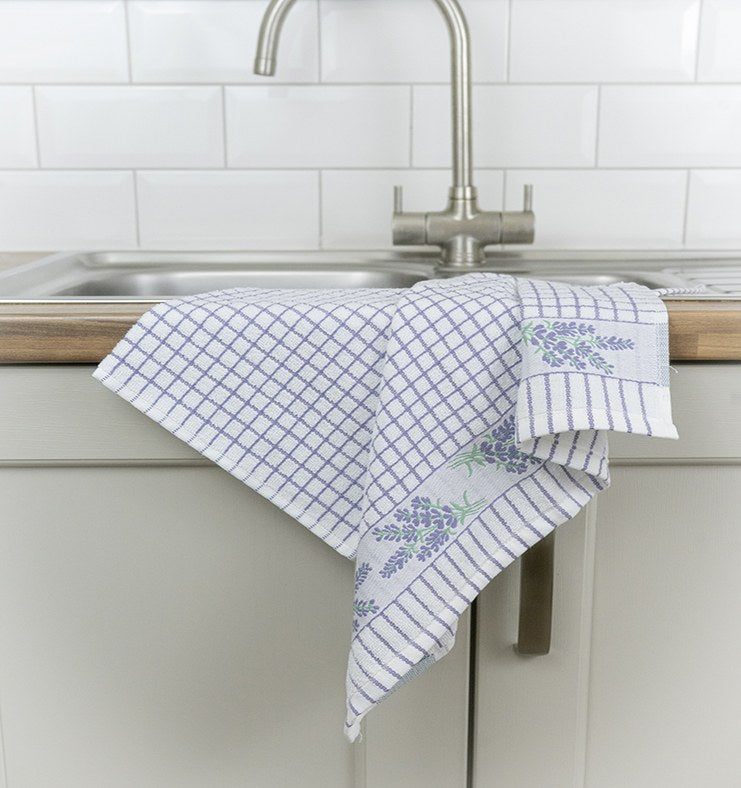 Poli-Dri Lavender Sprigs jacquard tea towel with woven lavender sprigs border
