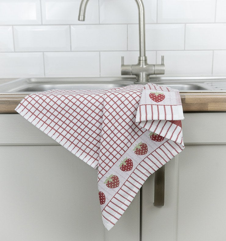 Poli-Dri Strawberries jacquard tea towel with woven strawberries border