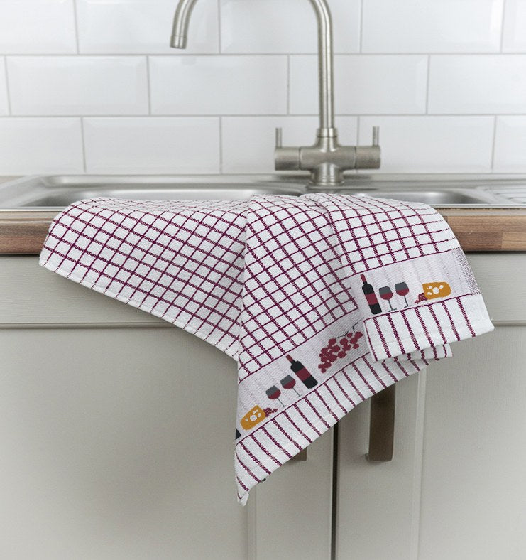 Poli-Dri Wine & Cheese jacquard tea towel with woven wine & cheese border