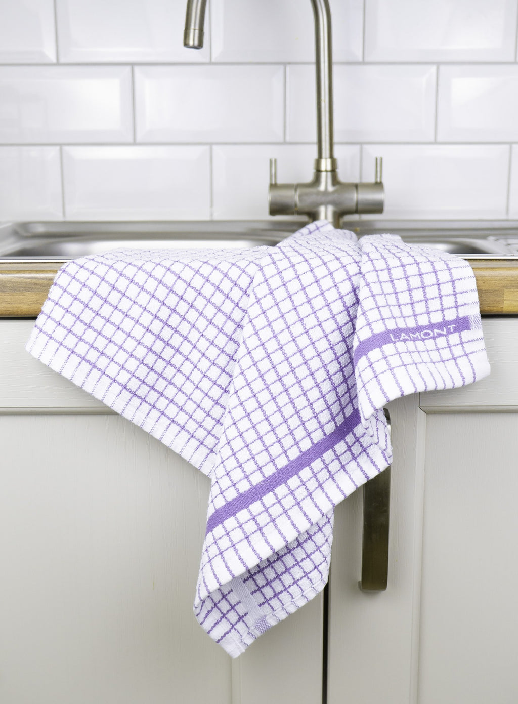 Poli-Dri Classic tea towel in Lavender, 100% cotton terry check with woven border