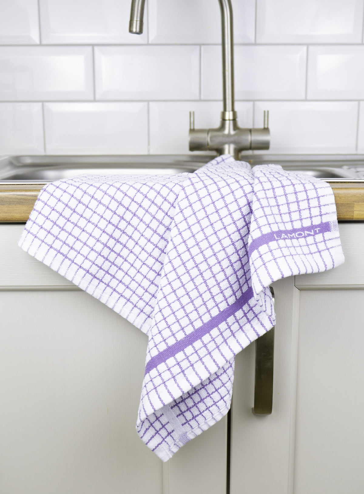 Poli-Dri Classic tea towel in Lavender, 100% cotton terry check with woven border